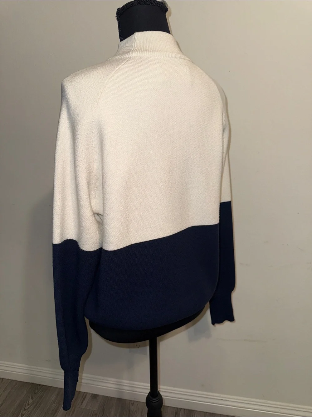 Tory Burch Two-Tone Cowl Neck Sweater in White and Navy